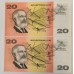 AUSTRALIA 1993 . TWENTY 20 DOLLARS BANKNOTES . FRASER/EVANS . CONSECUTIVE FOUR . LAST PREFIX ADK